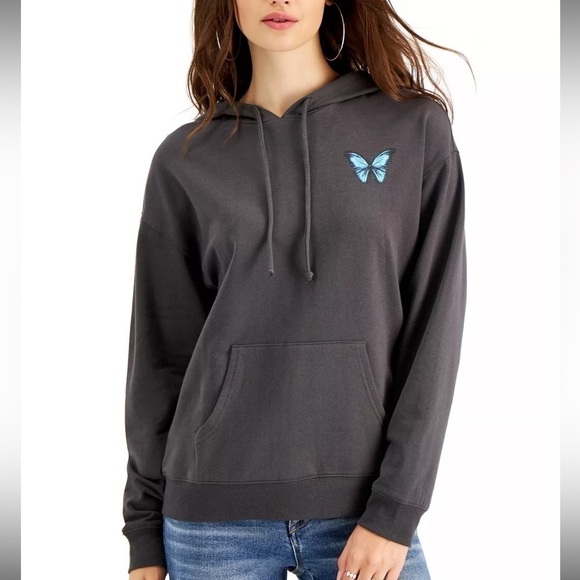 New Rebellious One Juniors Long-Sleeve Hooded Rose Sweatshirt X-Small charcoal - Picture 2 of 6